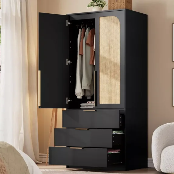 GarveeHome Armoire Wardrobe Closet, 69.5" Tall Wooden Wardrobe Cabinet with Rattan Doors, 2 Doors & 3 Drawers, Hanging Rod Clothing Storage for Bedroom, Entryway, Modular Design, Black