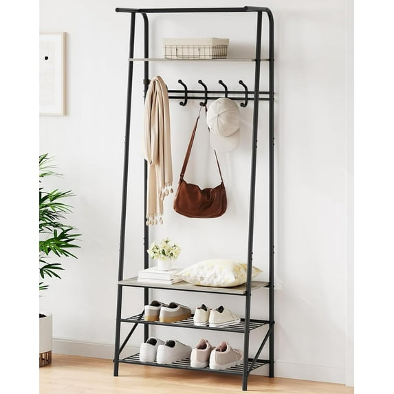 GarveeHome Coat Rack, Hall Tree with and Shoe Storage, Entryway with Coat Rack, 5 Hooks and 3 Tier Shoe Storage, Metal Frame for Entryway, Hallway, Front Door, Grey