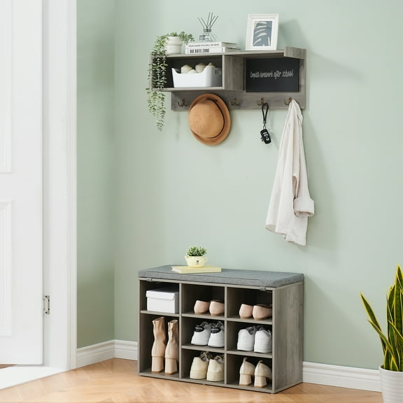 GarveeHome Coat Rack Shoe Bench Set, Entryway Hall Tree with 31.5" Bench Shoe Rack, Wall Mounted Coat Rack Set with 5 Hooks, 8 Storage Shoe Cubbies for Hallway Entryway, Gray