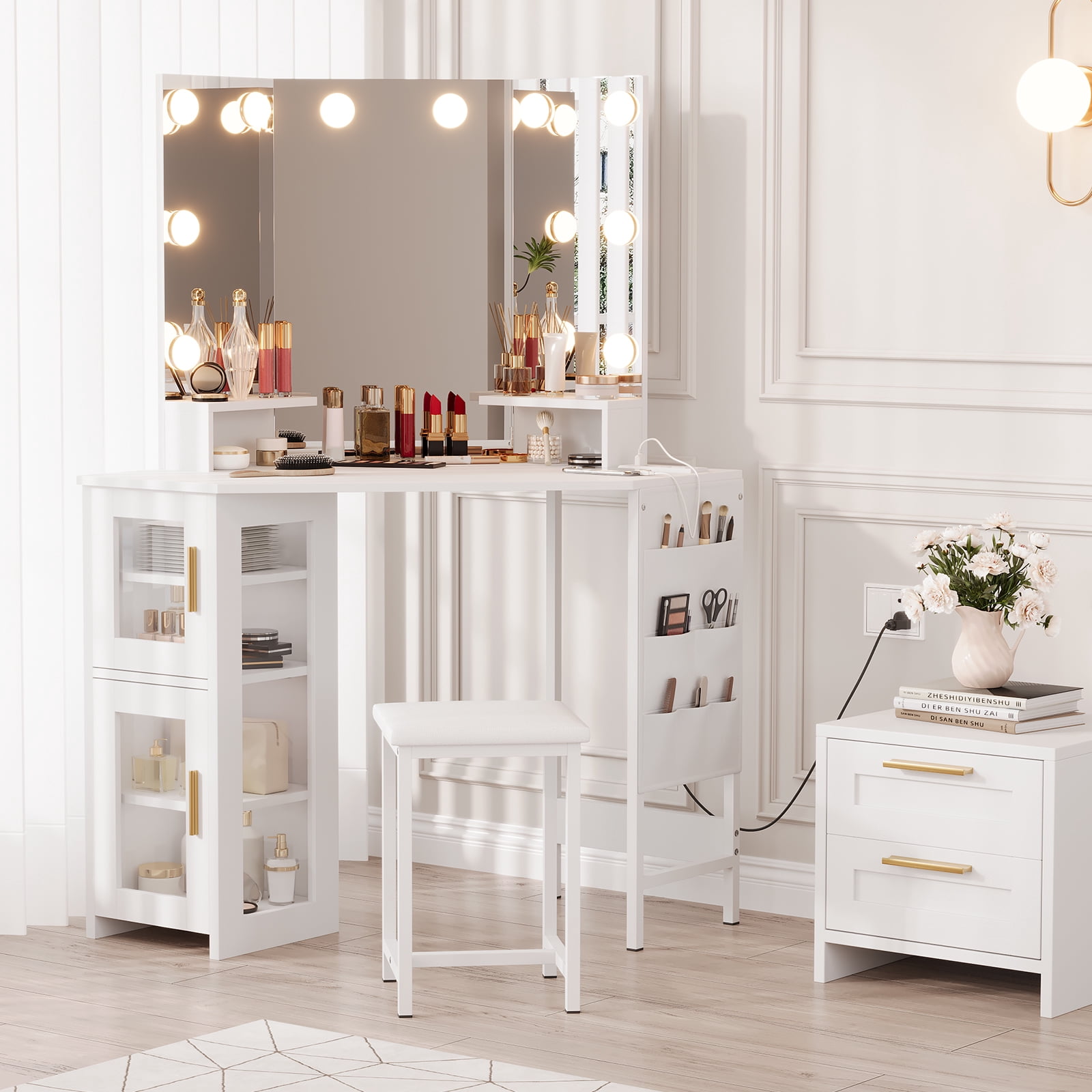 GarveeHome Corner Vanity Desk with Mirror and Lights, 3 Color Lighting