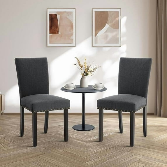 GarveeHome Dining Chairs Set of 2 Upholstered Parsons Diner Room Chair Sets Fabric Kitchen Chairs with Nailhead Trim/Sturdy Wood Legs and Padded Cushion Modern Living Room Chairs, Dark Grey