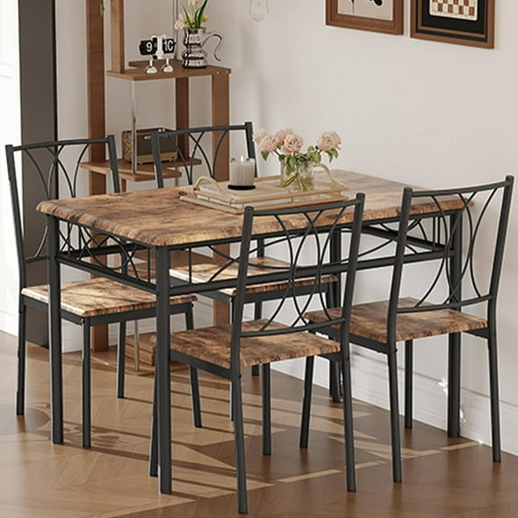GarveeHome Dining Table Set for 4, Rectangle Compact Dining Table and Chairs Set, Small Kitchen Table Set with 4 Wood Chairs for Apartment, Rustic Brown