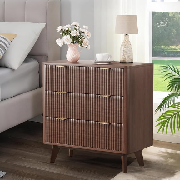 GarveeHome Fluted Nightstand, Modern 3 Drawer Bedside Table with Faux Marble Top, End Table for Bedroom Living Room, Walnut
