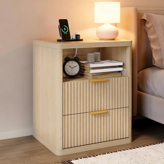 GarveeHome Fluted Nightstand with Charging Station, Bedside Table with 2 Drawers and Open Storage Space, Wood
