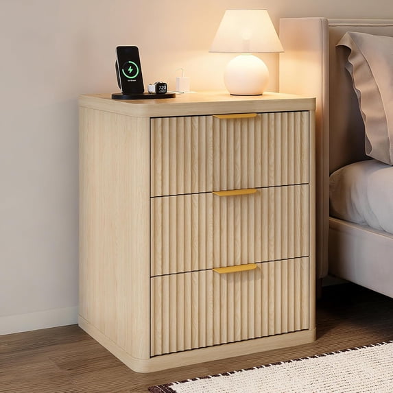 GarveeHome Fluted Nightstand with Charging Station, Bedside Table with 3 Drawers Storage Space, Wood