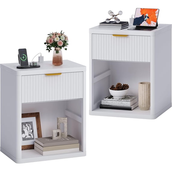 GarveeHome Fluted Nightstand with Charging Station, Bedside Table with Drawers and Open Storage Space, White/2PCS