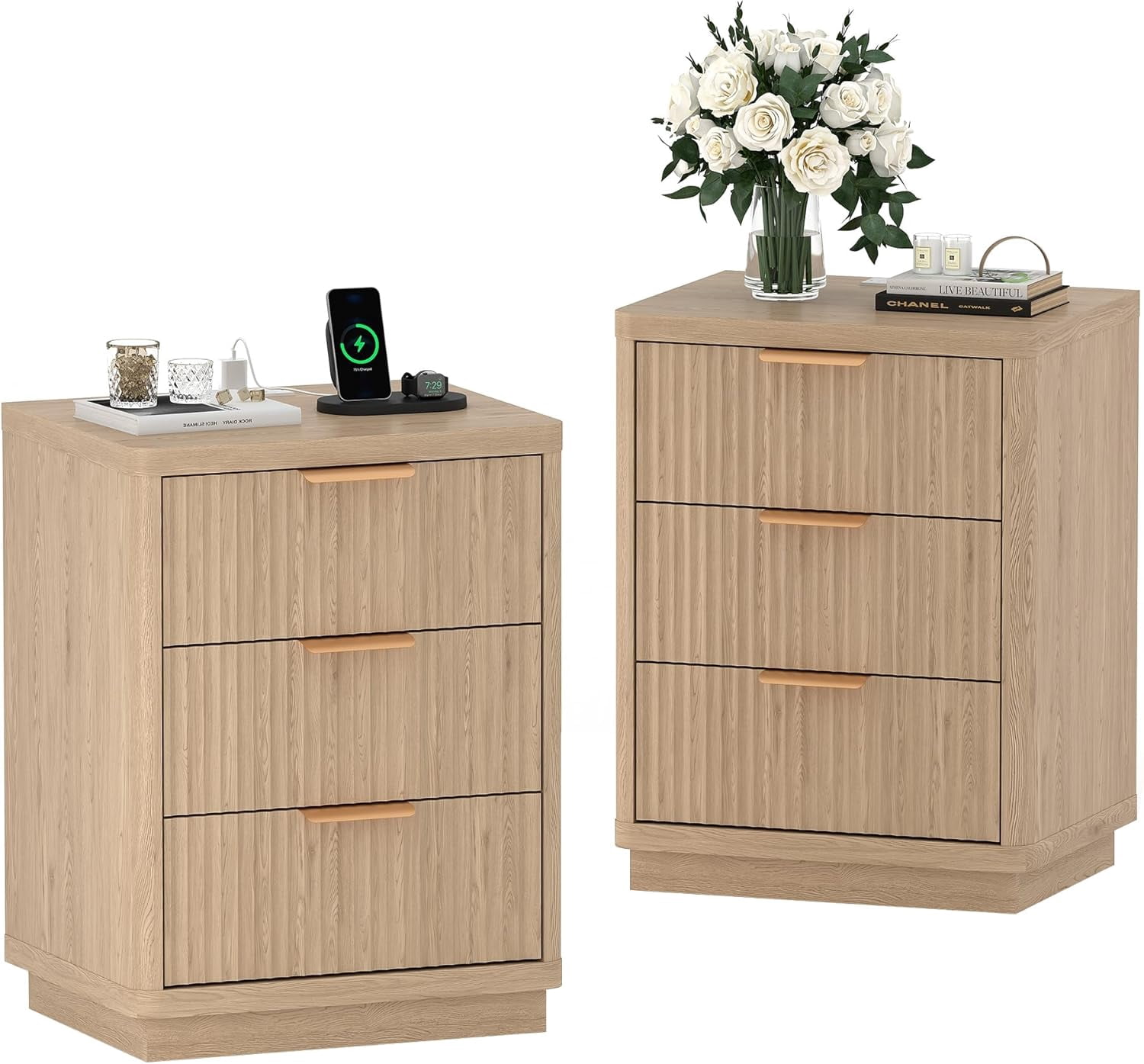 Fluted Stand GarveeHome Fluted Nightstand with Charging Station, Mid Century Modern ...