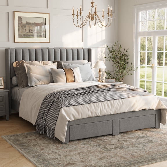 Full Size Bed Frame, Bed Frame Upholstered Platform Bed with Velvet Headboard, Wing Edge Design, 2 Storage Drawers, No Box Spring Needed, Grey