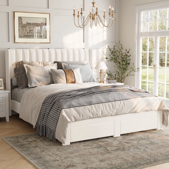 Full Size Bed Frame, Bed Frame Upholstered Platform Bed with Velvet Headboard, Wing Edge Design, 2 Storage Drawers, No Box Spring Needed, White
