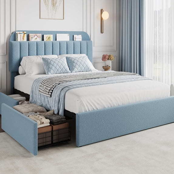 GarveeHome Full Upholstered Bed Frame with Storage Headboard & 2 Drawers, Boucle Fabric Platform Bed with Bookcase, No Box Spring Needed, Easy Assembly, Blue