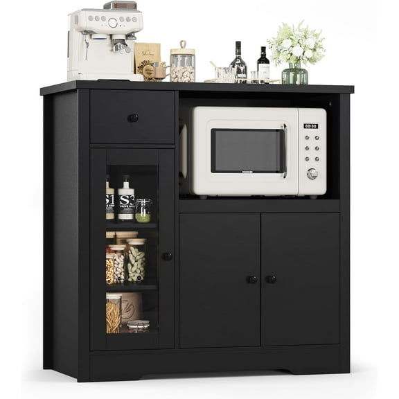 GarveeHome Kitchen Microwave Cabinet with Storage & Drawers, Modern Buffet Cabinet with Glass Doors & Adjustable Shelf, Wooden Sideboard for Dining Room, Living Room, Black