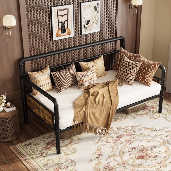 GarveeHome Metal Daybed Frame, Heavy Duty Platform Bed, Vintage Industrial Design, Wood Grain Headboard, No Box Spring Needed, Easy Assembly,Black