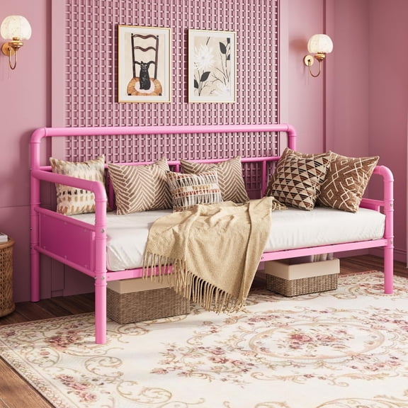 GarveeHome Metal Daybed Frame, Heavy Duty Platform Bed, Vintage Industrial Design, Wood Grain Headboard, No Box Spring Needed, Easy Assembly,Pink