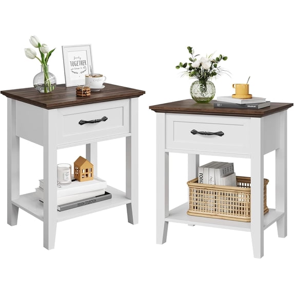 GarveeHome Nightstands, End Table with Drawer, Side Table for Living Room, 2 Tiers Storage Shelves Bedside Table, White/2PCS