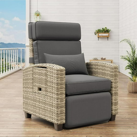 GarveeHome Outdoor Recliner Chair, Rattan Patio Recliner with Air Pump, Adjustable Backrest & Footrest, 150° Lay Flat, Wicker Lounge Recliner Patio Chair with Flip-Up Table and Removable Cushion,Grey