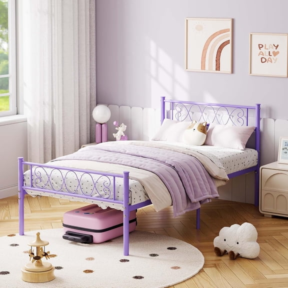 GarveeHome Purple Twin Metal Bed Frame with Heart-Shaped Headboard & Footboard, Sturdy Platform Bed with 12.2" Underbed Storage, No Box Spring Needed, Easy Assembly