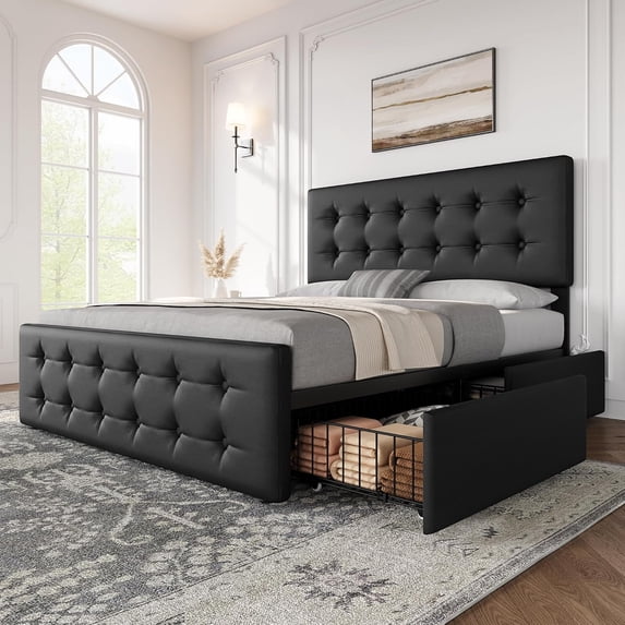 GarveeHome Queen Size Upholstered Bed Frame with 4 Storage Drawers, Adjustable Linen Headboard, Button Tufted Platform, No Box Spring Needed, Black