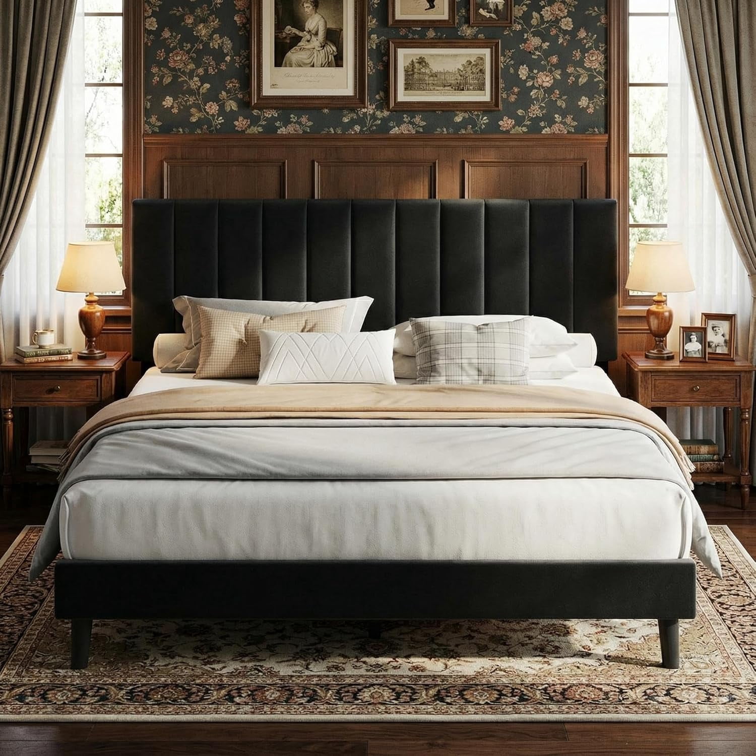 GarveeHome Queen Size Velvet Upholstered Platform Bed Frame with Adjustable Tufted Headboard, No Box Spring Needed, Sturdy Wood Slats, Easy Assembly, Black