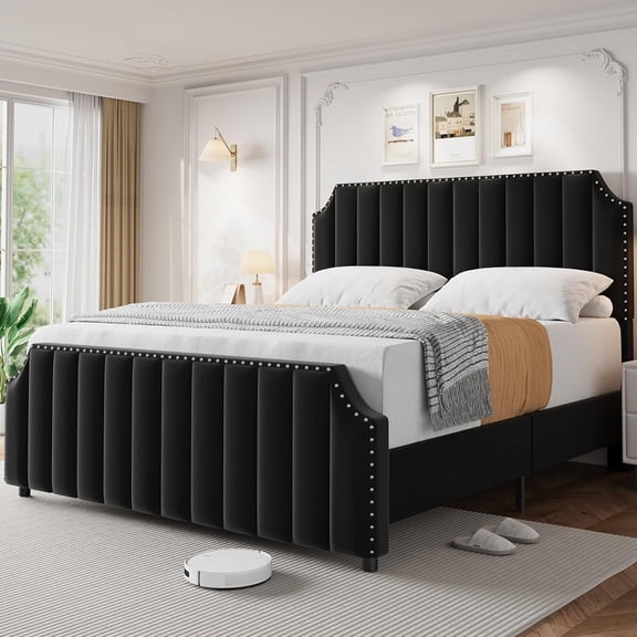 GarveeHome Queen Velvet Bed Frame, Upholstered Platform with 50.2" Tall Headboard & Footboard, Nailhead Trim, Solid Wooden Slats, No Box Spring Needed, Black