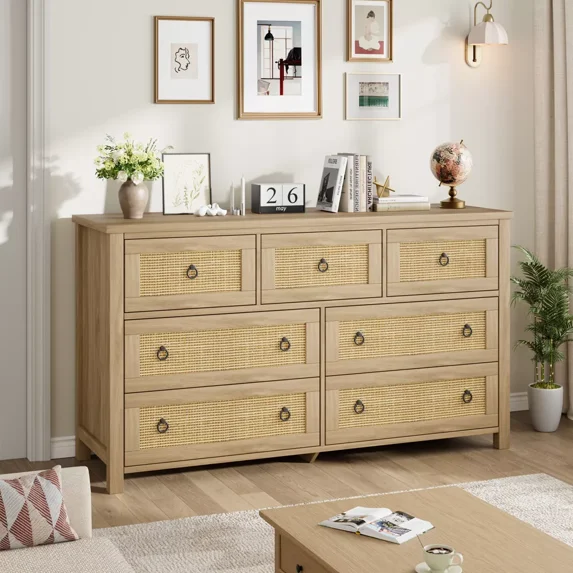 GarveeHome Rattan 7 Dresser for Bedroom, 54" Wide Dresser, Boho Wide Drawer Dresser with Storage, Wooden Closet Dressers Chest of Drawers Freestanding for Bedroom, Nursery, Living Room, Natural