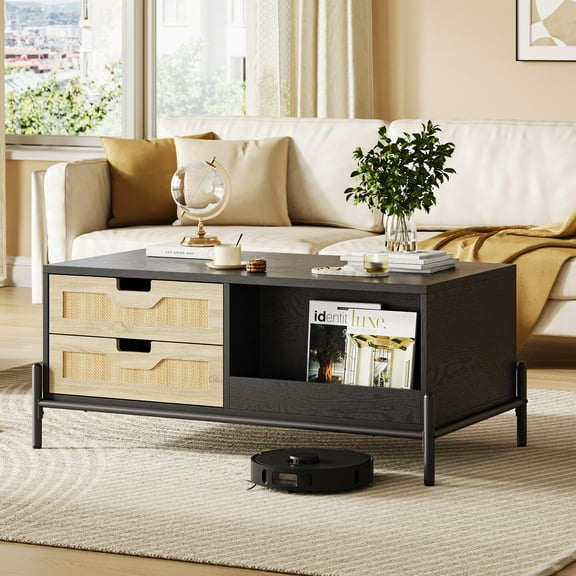 GarveeHome Rattan Coffee Table, Small LED Console Table with 4 Drawers and 2 Open Drawers, Modern Center Table, Wooden Rectangular Cocktail Table with Metal Legs for Living Room, Black