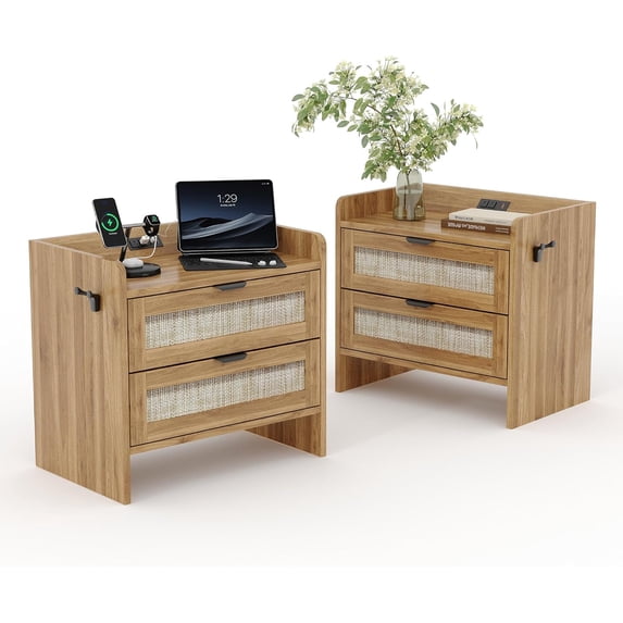 GarveeHome Rattan Nightstand Set of 2, Bedside Table, Modern Night Stand with Type-C Charging Station, 2 Drawer, Walnut