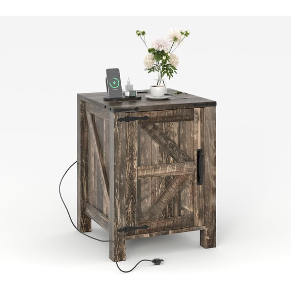 GarveeHome Rustic Farmhouse Nightstand with Charging Station, Barn Door & Adjustable Storage Shelf, Wooden Small Table, Oak