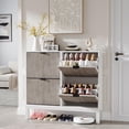 thumbnail image 1 of GarveeHome Shoe Storage Cabinet with 4 Flip Drawers, Farmhouse Fluted Shoe Organizer, Slim Narrow Shoe Rack with Metal Legs, Freestanding Hidden Shoe Cabinet for Entryway, Hallway, Foyer, Grey, 1 of 8