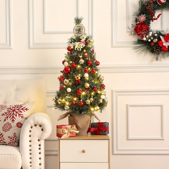 GarveeHome Small Christmas Tree, 3ft Pre-Lit Christmas Tree with 78 Warm White LED Lights, Small Holiday Xmas Tree with Pine Cones, Berries Clusters, Cloth Bag Base and Hinged Branches