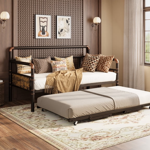 GarveeHome Stand Up Trundle Day Bed,Pop Up Trundle,Twin Trundle Bed Frame Only,Metal Slats Support with Lockable Casters, Brown