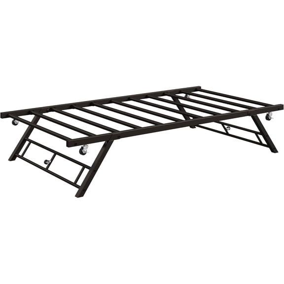 GarveeHome Stand Up Trundle Day Bed, Pop Up Trundle, Twin Trundle Bed Frame Only, Metal Slats Support with Lockable Casters, Brown