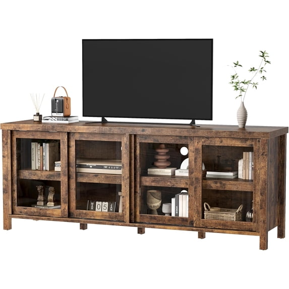 GarveeHome TV Stand for 65 Inch TV, Mid Century Modern Entertainment Center with 4 Sliding Glass Doors and Storage Cabinets, Media Console, Retro Brown