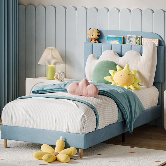 GarveeHome Twin Bed Frames, Upholstered Platform Bed Frame with Bookcase Headboard, Velvet Platform Bed Mattress Foundation, Heavy Duty Steel Support Legs, Easy Assembly, Noise Free, Light Blue