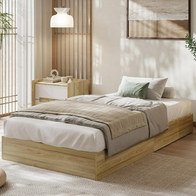 GarveeHome Twin-XL Size Solid Wood Platform Bed Frame, Modern Minimalist Low-Profile Design, Floor-Standing Bed with Strong Wooden Slats, No Box Spring Needed, Noise-Free, Easy Assembly, Burlywood