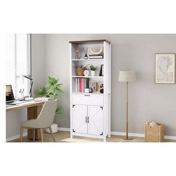 GarveeHome White Bookshelf, 72" Tall Bookshelf with Drawer, 2 Adjustable Shelves, 3-Tier Open Shelves, Large Bookcase wth Door, Farmhouse Storage Cabinet for Office, Home