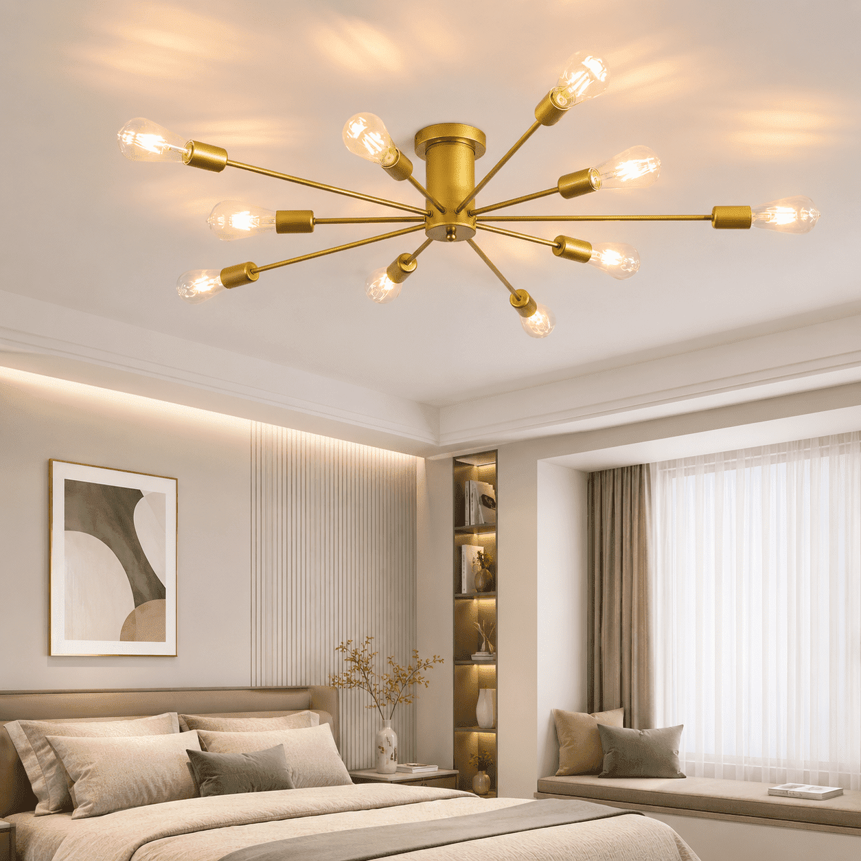 Garwarm 10-Light Gold Sputnik Chandelier, Modern Semi Flush Mount Ceiling Light, Industrial Ceiling Lighting Fixture for Dining Room, Living Room, Bedroom, Kitchen, Foyer