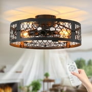 Garwarm 19.6'' Caged Ceiling Fan with Lights, Black Industrial Bladeless Ceiling Fans with Remote, Flush Mount Low Profile Ceiling Fan Fixtures for Home Office,Kitchen, Bedroom,Assembly Require