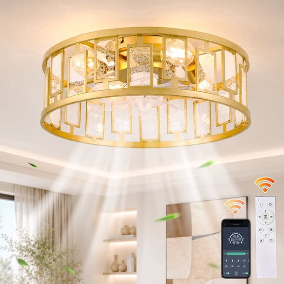 Garwarm 20" Gold Caged Ceiling Fan with Lights and Remote, Low Profile Flush Mount Fandelier, 6-Speed Crystal Chandelier Fan for Bedroom Nursery Living Room