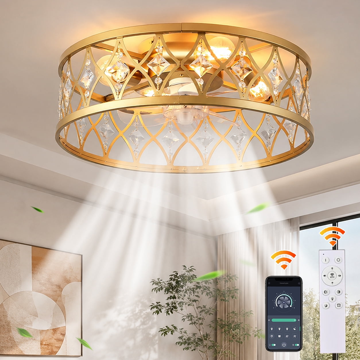Garwarm 20" Gold Crystal Ceiling Fan with Lights and Remote, Flush Mount Fandelier, Low Profile Caged Bladeless Ceiling Fan for Bedroom, Living Room, Kitchen