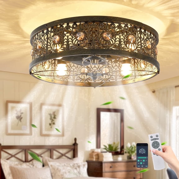 Garwarm 20 in. Vintage Caged Ceiling Fan with Light, Victorian Rustic Crystal Fandelier, Low Profile Flush Mount Enclosed Fan Light for Bedroom, Kitchen, Hallway