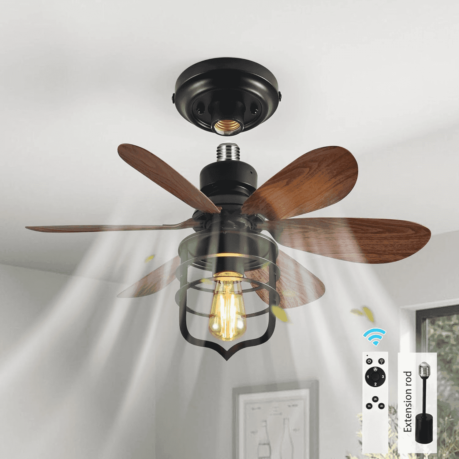 Garwarm E26 Socket Fan Light with Remote, 20" Screw-In Ceiling Fan with Lights, 3-Speed Timer Small Fan Light Bulb for Bedroom Kitchen Island Garage