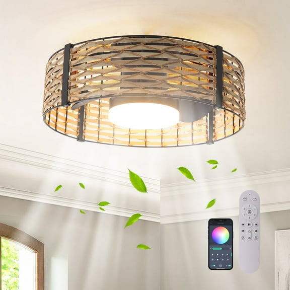 Garwarm 22” Bamboo Rattan RGB Dimmable Ceiling Fan with Light and Remote Control, Boho Caged Rattan Tropical Reversible Quiet 6-Speed Flush Mount Fandelier for Kitchen Indoor Bedroom