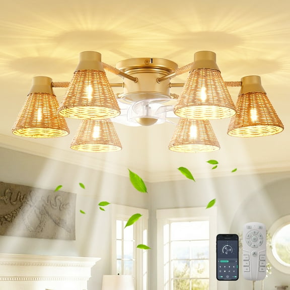 Garwarm 25.59 Inch Boho Ceiling Fans with Lights Flush Mount, Faramhouse Rattan Ceiling Fan with Light Remote Control with Reversible 6 Speeds for Bedroom, Nursery, Living Room, E26 Base, Indoor