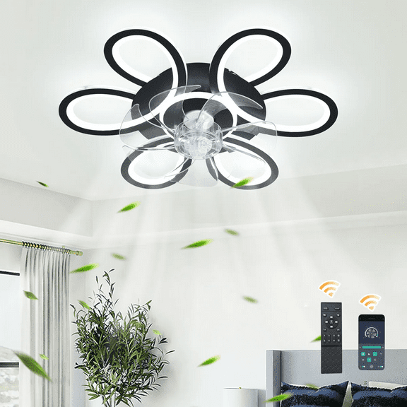 Garwarm 25.59 inch Modern Ceiling Fan with Light, 3 Rings Low Profile Flush Mount Light Fixture with Remote Control Black Dimmable 6-Speeds Ceiling Lamp for Living Dining Room Bedroom Hallway Kitchen