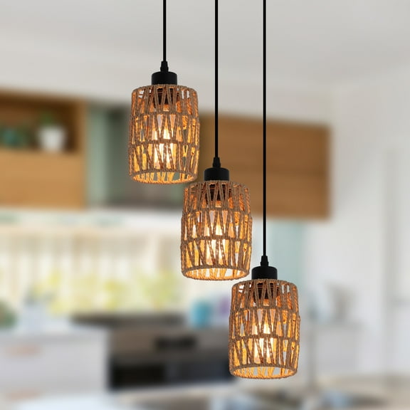 Garwarm 3-Light Rattan Pendant Light, Farmhouse Boho Hanging Light Fixture with Hand-Woven Wicker Shades for Dining Room, Kitchen Island, Bedroom, Living Room, Foyer, Hallway