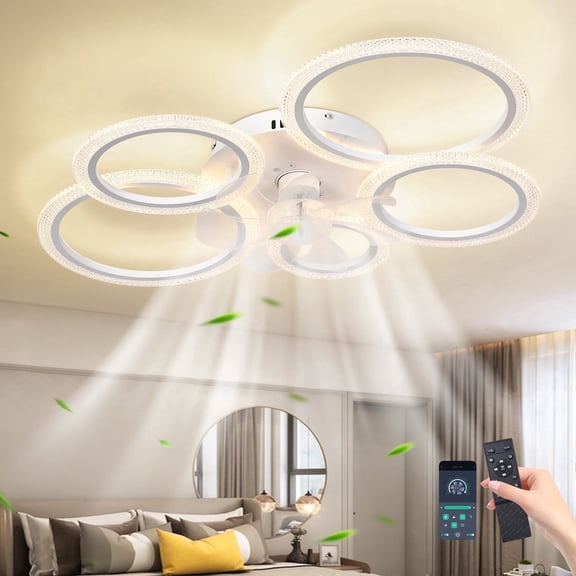Garwarm 31.49" Modern Ceiling Fan with Lights, 5-Rings Bubble Flush Mount Ceiling Fan with 3-Color Light 6-Speed Wind, Low Profile Ceiling Fans with Led Light and Remote Control for Living Room