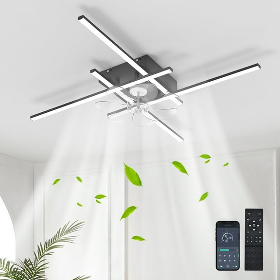 Garwarm 33.46'' Geometry Low Profile Ceiling Fans with Lights and Remote, Modern Flush Mount Ceiling Fan, 6 Speed and Reversible Bladeless Ceiling Fan for Bedroom Living Room