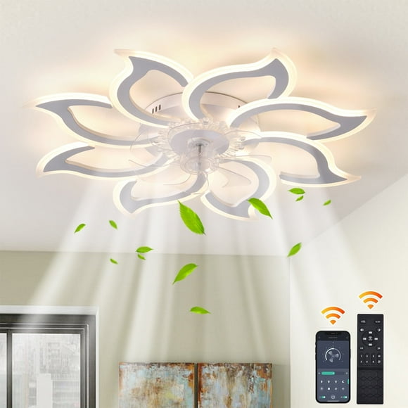 Garwarm 35" White Ceiling Fan with Lights, Flower Ceiling Fan with Light Remote Control, 3 Light Color 6 Speeds Flush Mount Low Profile Ceiling Fan for Bedroom Kitchen