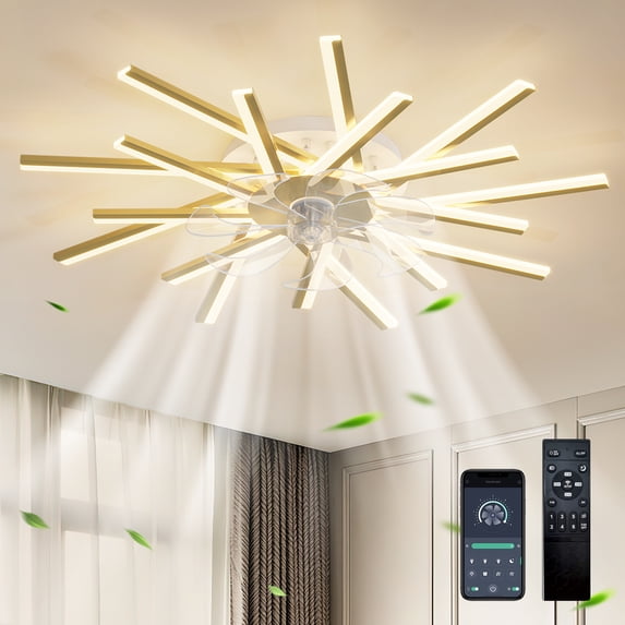 Ciling Fan Color Garwarm 36.22-in Gold Modern Dimmable Color-Changing LED Flush Mount ...