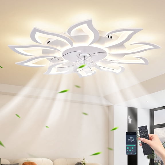 Garwarm 38.58" White Ceiling Fan with Light Remote Control, Modern Geometric Ceiling Fan with Lights, 6 Speeds 3 Light Color Low Profile Ceiling Fan for Kitchen Bedroom